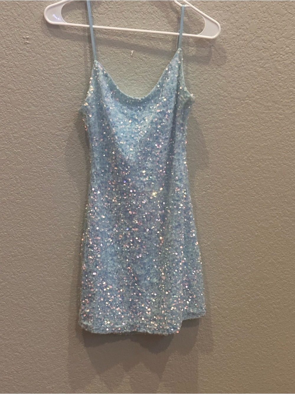 B. Smart Iridescent Light Blue Sequin Mini Slip Hoco Dress